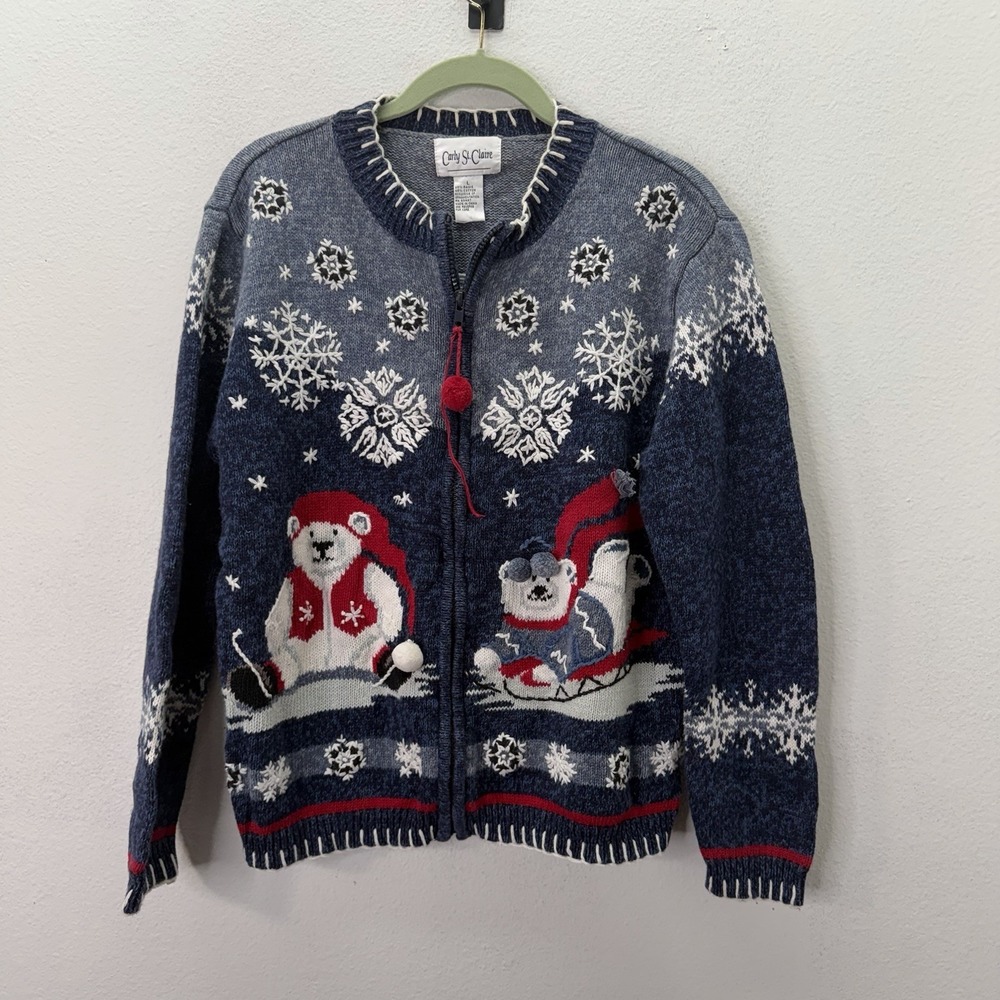 Carly St. Claire Vintage Blue Christmas Polar Bear Sweater Jacket Knit Zip SZ L